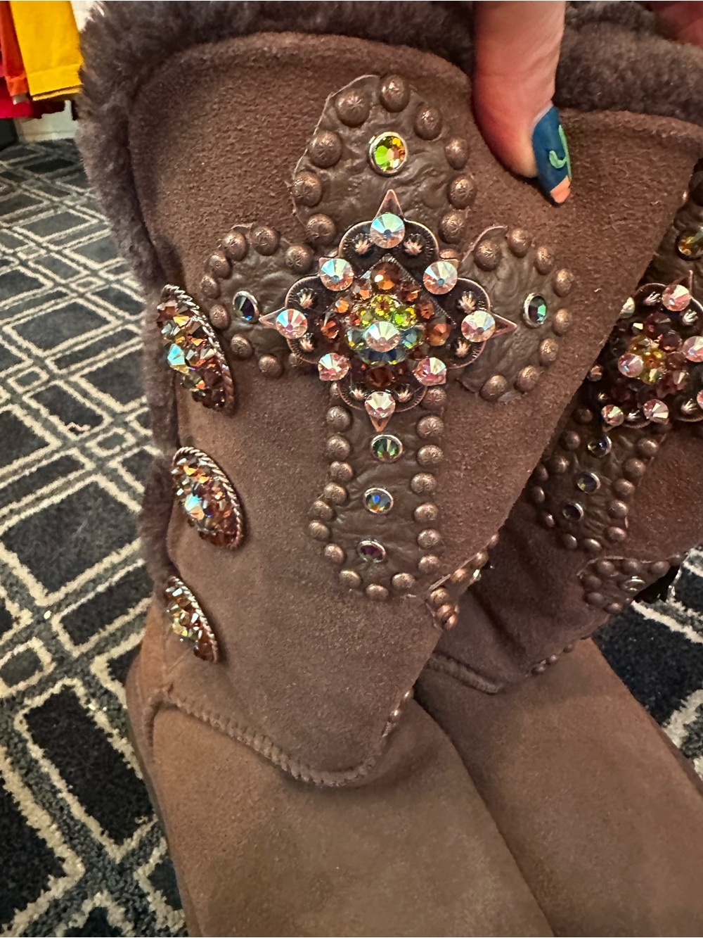 UGG Brown Embellished Suede Winter Boots with Crystal Cross Accent